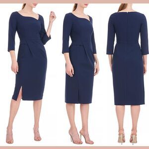 NEW $268 Kay Unger [ 12 ] Anya Asymmetric Crepe Midi-Dress in Midnight‎ Blue